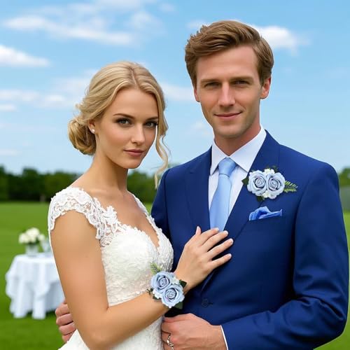 2PCS Light Blue Rose Wrist Corsage Wristlet Band and Men Boutonniere Set, for Wedding Anniversary Artificial Flowers Accessories Prom Party Suit Decorations - color: Light Blue