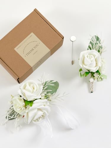 SITUMEIZI 2Pcs White Corsage and Boutonniere Set Wrist Corsage Bracelets and Boutonniere for Men Wedding Prom Party Suit Decor - color: White