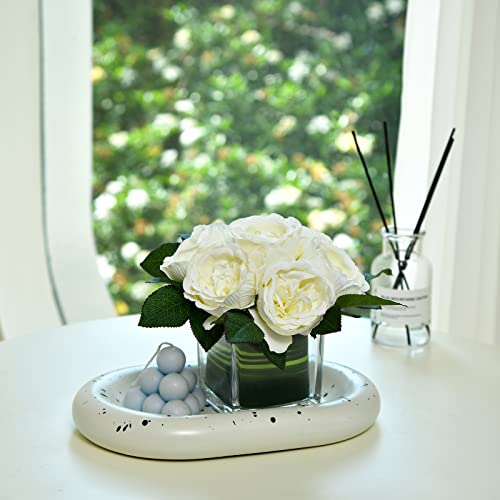 Artificial Peony Silk Flower Centerpieces Faux Floral Arrangement in Glass Vase for Home Wedding Table Decoration (Cream) - color: Cream