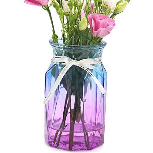 OFFIDIX Flower Vase, Gradient Multicolor with Geometric Faceted Design Art Decorative Glass Vase for Wedding, Dinning, Bookshelf, Home Decoration or Gift - color: F-blue Purple Gradient