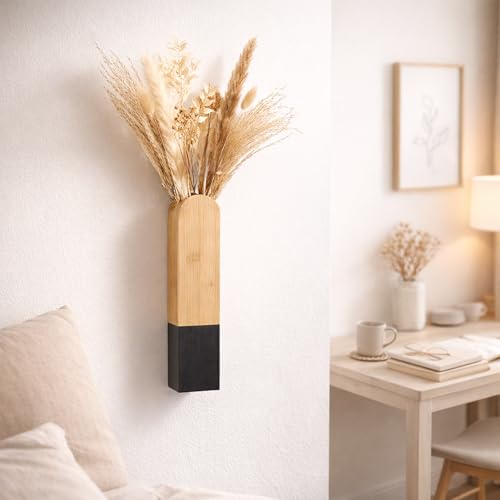 Modern Wall Vase, Natural and Black Two-Tone Finish, 11.8x2.6x1.6 Inches, Wall Mount Design for Bathroom, Kitchen, Farmhouse, Dining Room Decor - color: Natural and Black