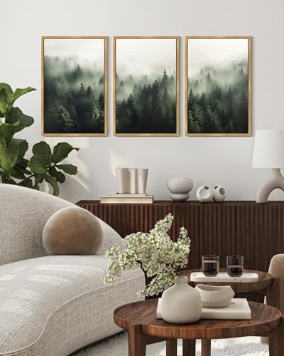 PHOPAGO Green Fog Pine Tree Framed Wall Art Large 16x24in Nature Misty Nordic Forests Artwork Morden Paints for Living Room Home Office Decor - Natural Framed - color: Green Pine Forest, size: 24L" x 16W" x 3 Pcs Natural