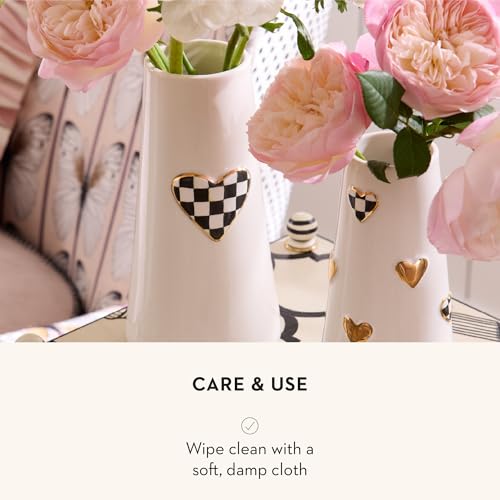 MACKENZIE-CHILDS Ceramic Heart Vase, Unique Decorative Vase, Tall, Black-and-White Courtly Check - size: Tall