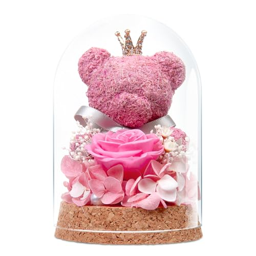 Preserved Rose Flowers Gifts for Her, Real Forever Rose in Glass Dome with Adorable Bear for Girlfriend,Mom,Wife,Grandma on Birthday Anniversary Valentine's Day - color: Pink
