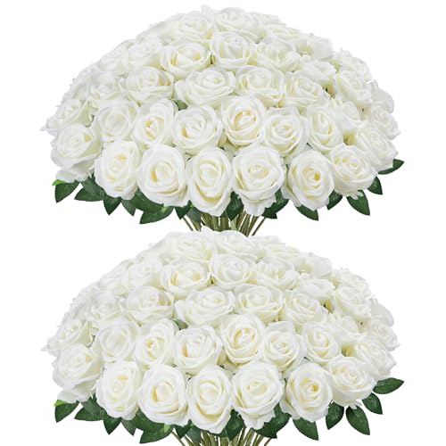 InnoGear 50 Pcs White Roses Artificial Flowers, Fake Velvet Silk Rose Bulk Faux Flower for Mother's Gift Decoration DIY Wedding Centerpieces Proposal Bridal Bouquets Party Floral Decor (50, White) - color: White
