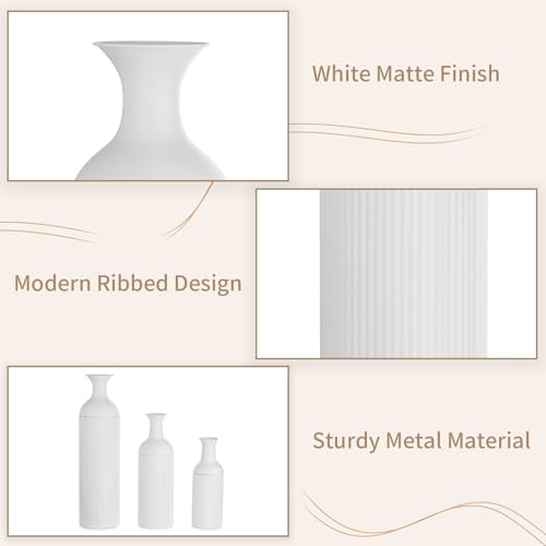 Sziqiqi White Tall Floor Vase: Large Ribbed Metal Vases 27/20/16in for Living Room, Modern for Pampas Grass, Oversized Standing Vase for Fireplace, Home Corner, Hallway, Office - color: White