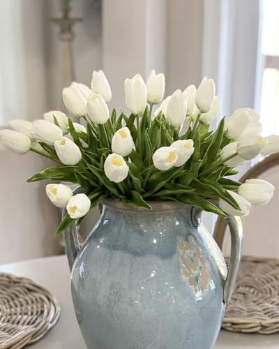 Beferr White Tulips Artificial Flowers 18Pcs Faux Silk Tulip Real Touch Tulip Fake Flowers Bouquets Arrangements for Mother's Day Easter Spring Flowers Gifts Home Table Decor - color: A-18pcs-1colors-white, size: 18PCS