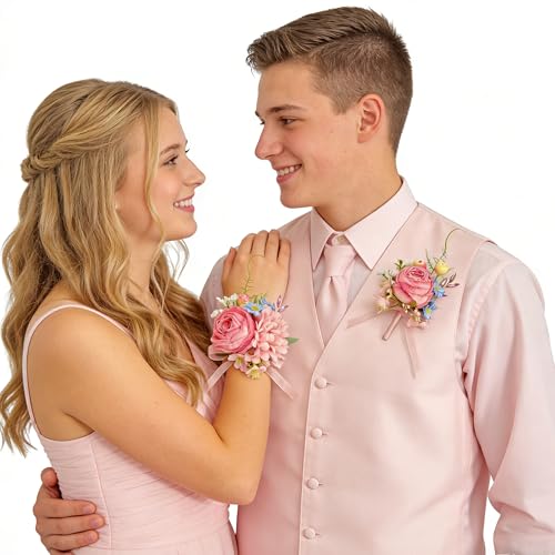 Corsage and Boutonniere Set, Handmade Artificial Peony Rose Wrist Corsage Wristlet and Groom Boutonniere for Men Wedding Prom Suit Decorations (Pink) - color: Pink