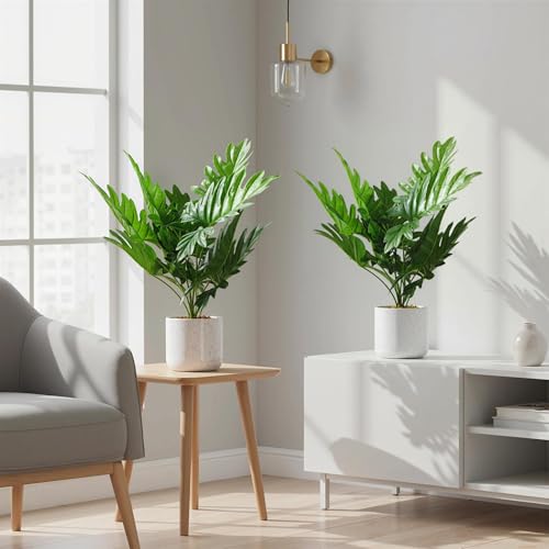 2Pcs Philodendron Fake Plants in White Potted, 17.7" Faux Green Bonsai Tree with Realistic Leaves, Decorative Artificial Plant Indoor for Home Office Entryway Decor - size: 17.7"