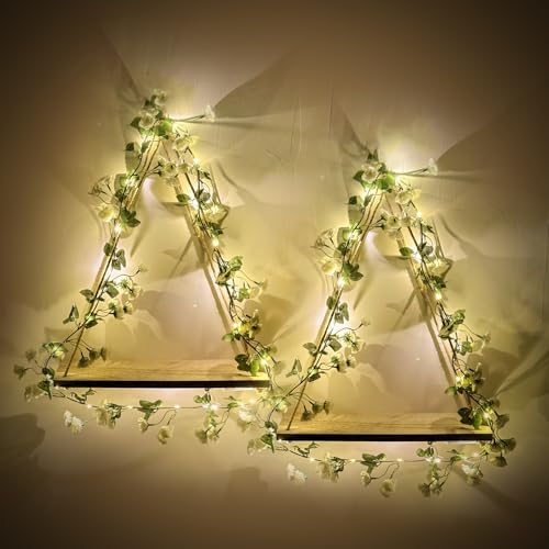 Triple Artificial White Flower Garland with LED-Strip Wall Hanging Shelves Set of 2, Boho Shelves for Wall Décor, Macrame Wall Shelf for Bedroom Bathroom Living Room Kitchen (No Battery Included) - color: Triple Flower