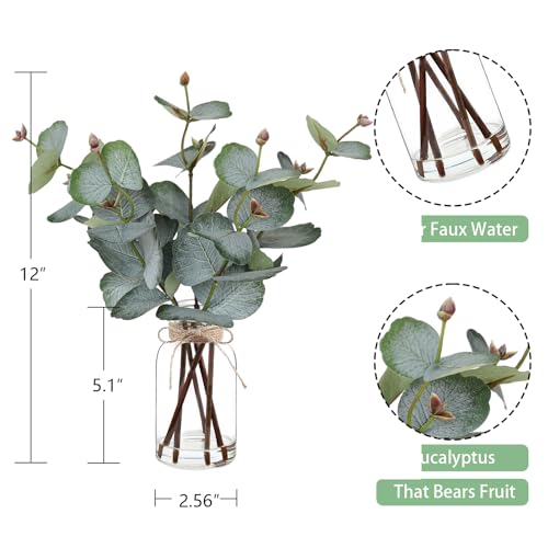 Artificial Eucalyptus Stems in Glass Vase with Faux Water,Artificial Plants Eucalyptus Leaves for Shelf Desk Bathroom Farmhouse Room Coffee Table Home Decor, Central Decoration. - color: Eucalyptus Leaves 6