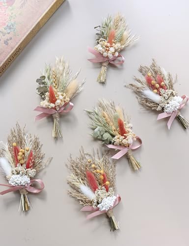 Mini Dried Flower Bouquet (Pack of 6) Suitable for Wedding Party Dinner Plate Decoration, Small Dried Flowers for Crafts, Birthday Cake Bridesmaid Gift Box, Envelope Decoration (Dark Orange) - color: Dark Orange
