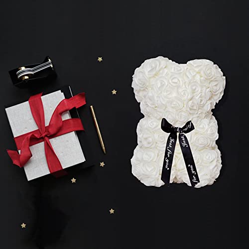 DuHouse Rose Bear Rose Teddy Bear Flower Gift Black Box for Valentines Gifts Anniversary Christmas,Birthdays Bridal Showers -Fully Handmade 10 inch Flower Bear Clear Gift Box(White) - color: White