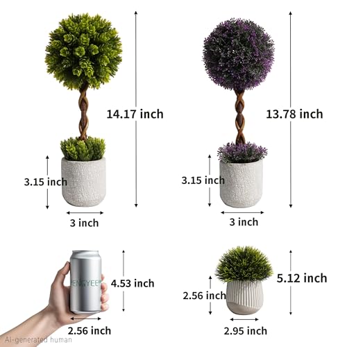 3 Pack 14 Inch Small Fake Plants in Farmhouse Concrete Planter, Artificial Boxwood Topiary ball Indoor for Home Decor, Small Faux Plants for Bathroom Bedroom Shelf Desk Office Table Kitchen Room Decor - color: Greener Purple-dasyphyllum