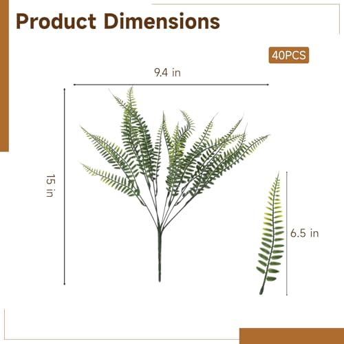 ZALIR 40 Bundles Artificial Boston Fern Plants, 15 in Realistic Sun Protection Faux Greenery, Faux Plastic Shrubs, No Fade Fake Fern Stems for Patio, Garden, Yard, Deck & Home Decoration