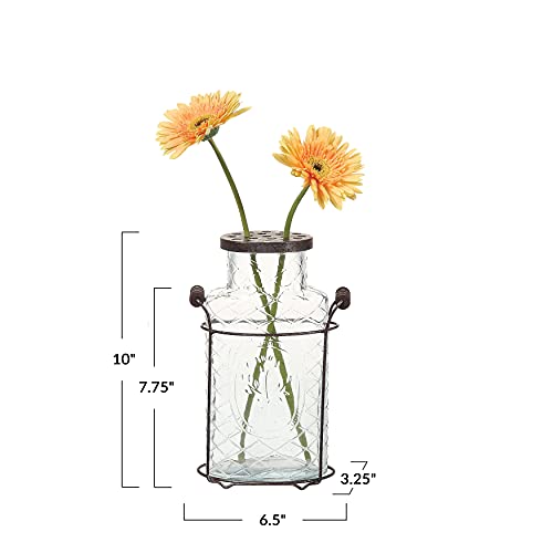 Creative Co-Op Glass vase in Metal Stand with Metal Frog Lid - size: Large