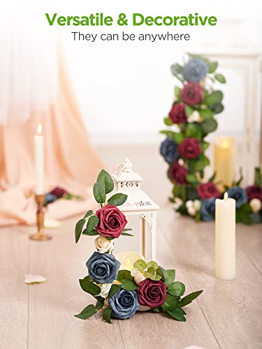 InnoGear Artificial Flowers, 50 Pcs Dusty Blue Shades Foam Fake Roses Bulk with Stems for Decoration DIY Wedding Bouquets Centerpieces Bridal Shower Party Christmas Tree - color: Dusty Blue Shades