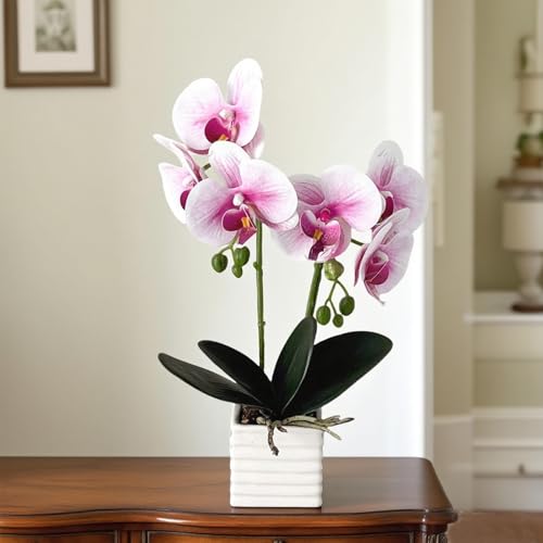 Artificial Orchids for Home Decor Indoor with Vase Orchids Artificial Flowers White Purple Orchid Height 14 Inches - color: Purple Heart White