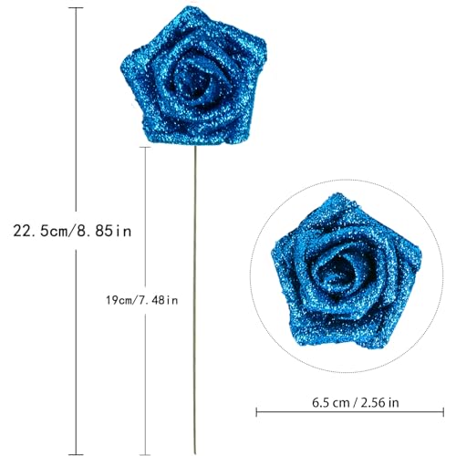IPOPU Fake Roses,25PCS Blue Roses Glitter Roses Artificial Roses with Stems for Cake Wedding Bouquet Home Party Decoration(Blue) - color: Blue