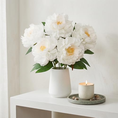 Fake Flowers White Peonies 16 Inch 6 PCS Bulk White Peony Artificial Flower Stems Faux Silk Peonies Flowers for Vase Floral Arrangements Real Touch Peony for Home Table Centerpiece Shelf Decor