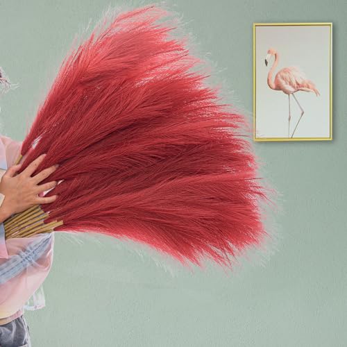 38" 10 Stems Faux Pampas Grass Tall - Red Tall Pampas Grass Decor Pompas Floral Arrangement and Vase Filler for Boho Home Wedding Mothers Day Decoration - color: Burgundy