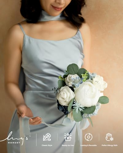 Ling's moment Artificial Bridesmaid Bouquets Set of 4,Dusty Blue Wedding Flower Bouquets White Floral Bouquet Light Blue Rose Bridal Bouquets with Ribbon,Ceremony,Anniversary,7-inch Diameter - color: Blu-dusty Blue & Navy