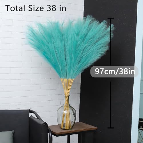 38" 10 Stems Faux Pampas Grass Decor - Tall Pampas Grass for Floor Vase Fluffy Artificial Pampas Grass for Boho Home Wedding Mothers Day Decoration（Lake Blue） - color: Lake Blue