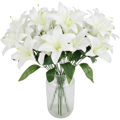 ZeKonan 10 Pcs Artificial Lily Flowers Faux Fake White Silk Lilies Bouquets | Home Kitchen Wedding Party Decor, Table Centerpieces Decoration, Flower Arrangement Decor, 14in - color: 10 Pcs White