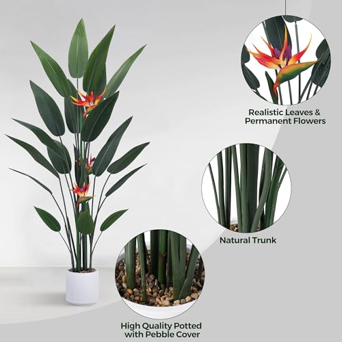 Jocoevol Artificial Bird of Paradise Plant 60in(5Ft) Tall Fake Banana Leaf Plant for Indoors and Outdoors, Artificial Flowers, Faux Palm Tree with Plastic Pot for Office and Home Decor - size: 5FT
