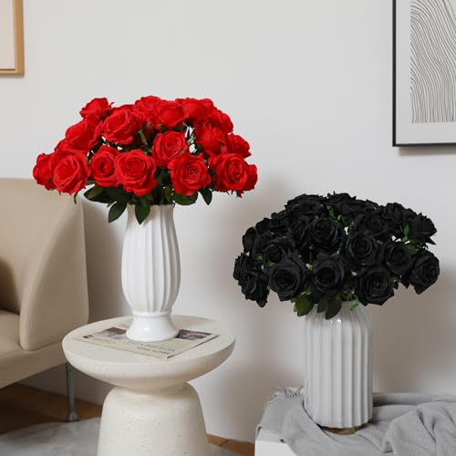 Tifuly Roses Artificial Flowers - 12 pcs Realistic Long Stem Fake Roses Mashup Style Silk Roses for DIY Bouquets Wedding Centerpieces Arrangements Home Party Decor(Black & Red) - color: Black & Red