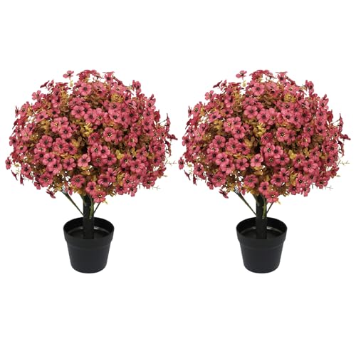 24" Artificial Fall Potted Plants Outdoor Set of 2, UV Resistant Faux Daisy Mum Flowers with Eucalyptus, Autumn Decorative Plants in Pots for Front Porch, Patio & Entryway - color: Fall Burgundy, size: 24in Daisy Eucalyptus