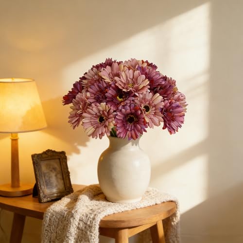 16Pcs Vintage Pink & Dusty Purple Gradient Artificial Flowers Arrangements,Fake Silk Flowers Gerbera Daisy Bulk, Lifelike Faux Daisy for Wedding Bouquet Table Centerpiece Home Decor - color: Pink