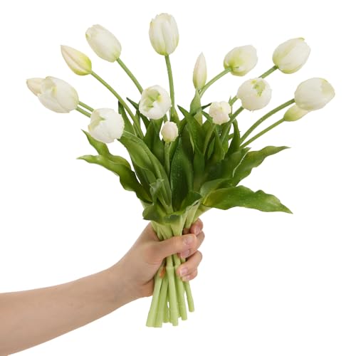 15 Pcs White Tulips Artificial Flowers Faux Tulips Real Touch Latex Fake Flower Bouquet for Spring Wedding Home Décor Centerpiece Arrangements - color: White