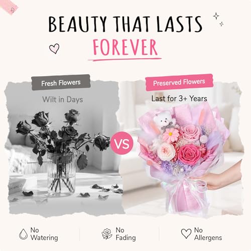 Preserved Flowers Bouquet with Bear, 3 Real Forever Flowers for Delivery, Long-Lasting Sweet Pink Eteranl Roses Bouquet, Anniversary Birthday Gifts for Women Mom Her Girlfriend Wife - color: Soft Pink