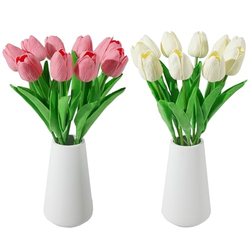 Real-Touch Artificial Tulips with 2 Ceramic Vases, 20 Stems Faux Floral Arrangement Set, Spring Easter Table Centerpiece, Modern Farmhouse Decor - color: Pink & Ivory With 2 Vases