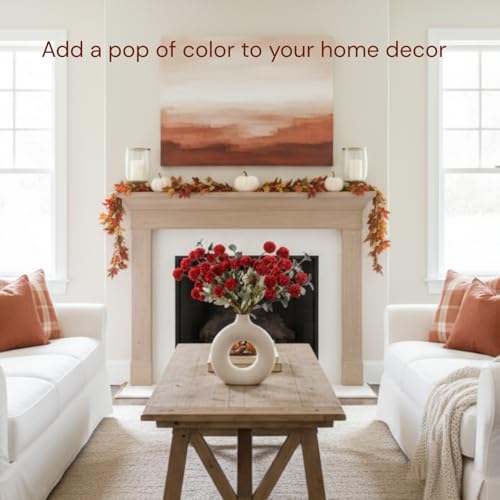 RyddeligHome Faux Red Flowers Artificial 10 Long Stems + Eucalyptus, Burgundy Wine Colored Silk Mum Flowers for Decor, Fall Table Centerpieces, Dark Red Faux Mums - color: Burgundy