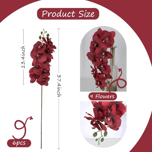 IPOPU 6Pcs Red Orchids Artificial Flowers 37.4" Long Stem Fake Silk Orchid Look Real Flowers for Tall Vase Faux Orchids with 9 Large Blooms for Wedding Home Dining Table Centerpiece Decoration (Red) - color: Red