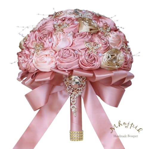 Handmade Wedding Flowers Bouquet Round Holding Bridal Bouquet Artificial Satin Roses Bunch for Bride Bridesmaid Wedding Quinceanera - color: Blush Pink, Light Salmon & Camel Brown, size: Medium (Dia. 8.7"/22cm)