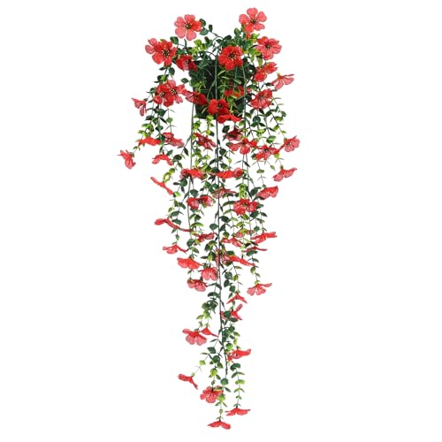 FAVOWREATH Fake Plants Hanging Artificial Potted Faux Eucalyptus Plants and Flowers for Modern Boho Farmhouse Bathroom Office Desk Wall Book Shelf Living Room Aesthetic Decor Indoor (Red) - color: Red