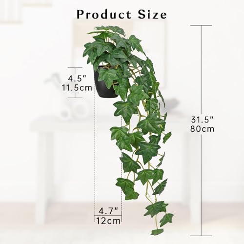 GnFlus Fake Pothos Ivy Plant with Pot Artificial Green Leaves for Home Shelf Decor Indoor Silk Artificial Realistic Plant Large - color: Green Lvy-black Pot