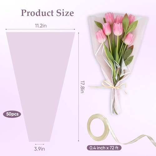 Wzifyf 50 PACK Flower Bags for Bouquets Flower Bouquet Holders Purple Floral Wrapping Paper flower Sleeves Build Your Own Bouquet Bar with 72 Ft Ribbons for Valentine's Day Packaging Supplies - color: Purple, size: bouquet wrap