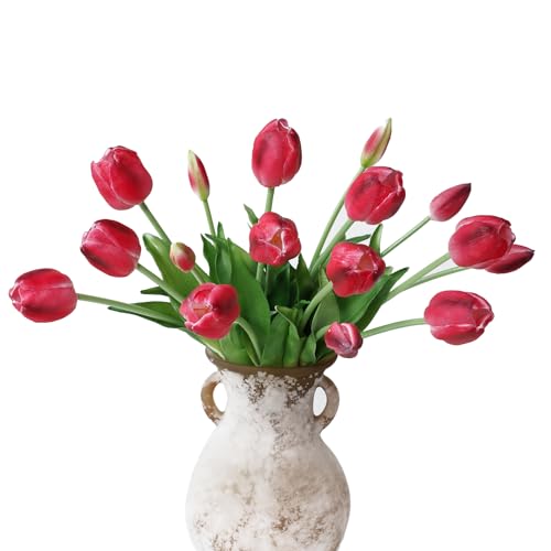 mizii 15Pcs Red Tulips Artificial Flowers Latex Plastic Real Touch Fake Tulips Flowers Look Real Faux Tulip Flower Bouquet Decoration for Vase Room Table Centerpieces Home Decor (Red) - color: Red