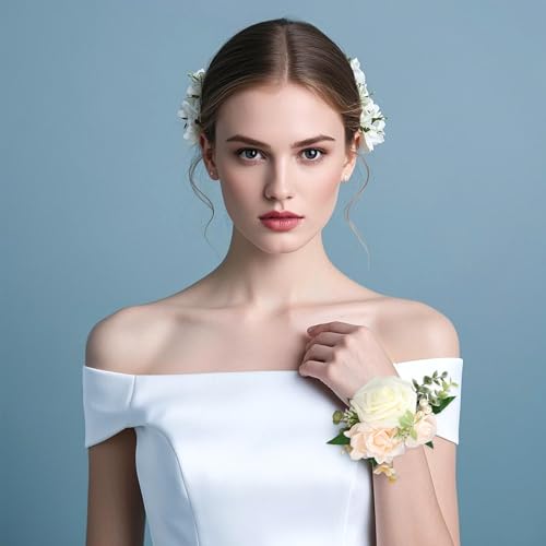 2 Pcs Wrist Corsage for Wedding Light Champagne Wrist Flower Bridal Wristband Flowers Corsages for Women Girls Mother of Bride Prom Anniversary Party Decorations