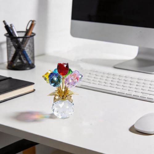 TWINKLING Crystal Roses Figurine with Round Vase, Glass Rose Crystal Flowers Bouquet, Birthday, Anniversary,Wedding, Home Décor,Silver Leaf (Multicolor) - color: Multicolor(silver Leaf)