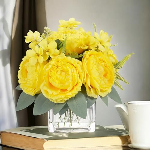 ENOVA FLORAL Artificial Flower Arrangement with Vase,Mixed Artificial Silk Peony Flower in Vase for Decoration Home Office, Wedding Centerpiece (Yellow) - color: Yellow
