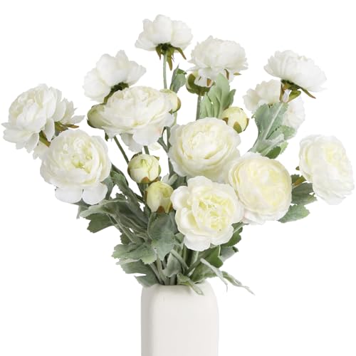 IPOPU White Peonies 6pcs White Artificial Ranunculus Flowers18Heads Faux Peonies 20.47" White Fake Flowers for Floral Arrangements Wedding Decorations for Home Decor Indoor - color: White