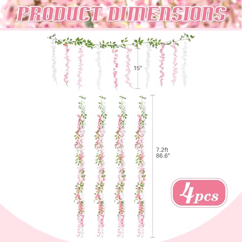 Thiccywoov 4pcs Wisteria Artificial Flowers Garland, 7.2Ft/Piece Wisteria Hanging Flowers Garland for Wedding Arch Decoration Outdoor Ceremony Home Backdrop Garden (Pink,Dark Pink,White) - color: Pink, Dark Pink, White