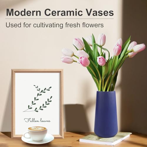 Navy Blue Ceramic Vase, GUKJOB Small Cute Flower Vase for Pampas Grass, Home, Living Room, Dining Table, Farmhouse, Office Decor, Bedroom, Table, and Kitchen Shelf (Navy Blue) - color: Navy Blue