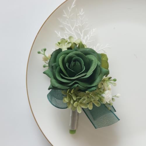 MAFELOE 2 Pieces Men Boutonniere Corsage Set, Artificial Rose Flowers Accessories for Wedding Prom Party Ceremony Anniversary Suit Decor- Dark Green (X-M11-JM) - color: Dark Green