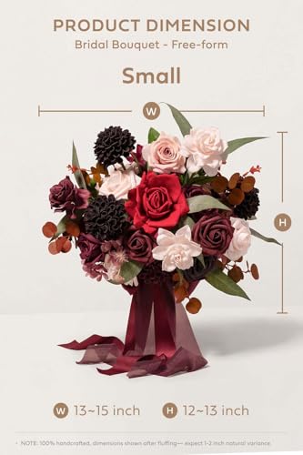 Ling's moment Powder Pink and Burgundy Wedding Bouquets for Bride, Red Bridal Bouquets for Bride, 13 Inch Free Form Artificial Wedding Flower Bouquet - color: Red-powder Pink & Burgundy, size: Small 13 Inch
